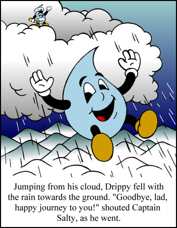 Drippy, the, Raindrops, raining, drops, waters, cycles, environments, children's books, childrens books, childrens stories, children's stories, clouds, oceans, weather seas, lakes, streams, creeks, rivers, mountains, adventures, science, evaporate, evaporation, evaporating, condense, condensation, condensing, precipitate, precipitation, precipitating, Joel, Kimball